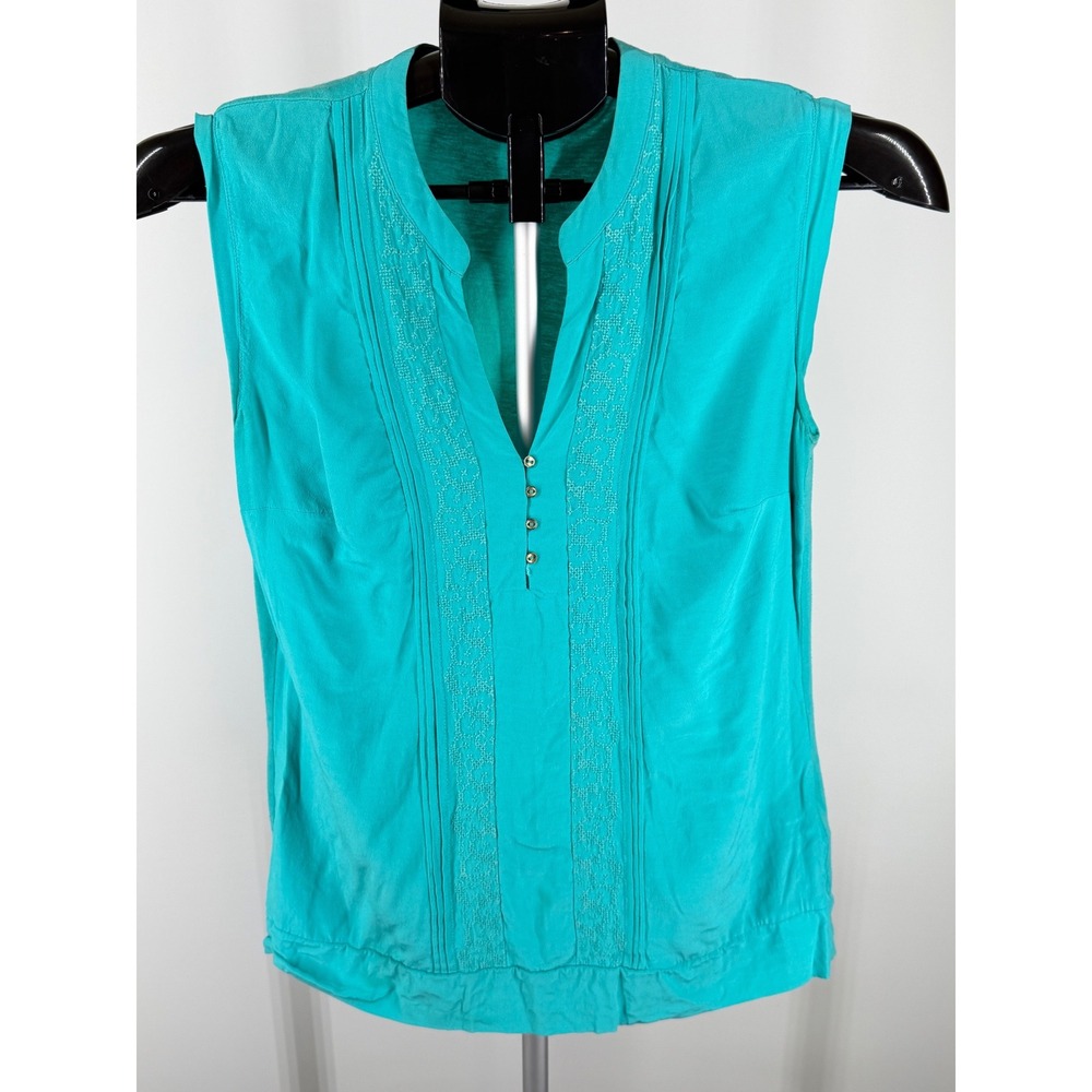 Massimo Dutti Teal Green Sleeveless Embroidered Pintuck V-Neck Blouse XS